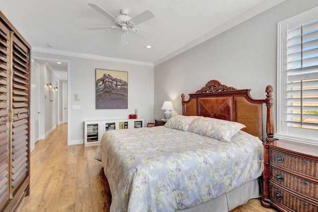 202 Isle Verde Way, Palm Beach Gardens, FL 33418 - bedroom with light wood-style floors, crown molding, recessed lighting, baseboards, and a ceiling fan