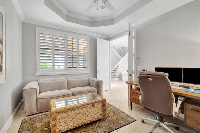 202 Isle Verde Way, Palm Beach Gardens, FL 33418 - office space with a ceiling fan, crown molding, a tray ceiling, light tile patterned flooring, and baseboards