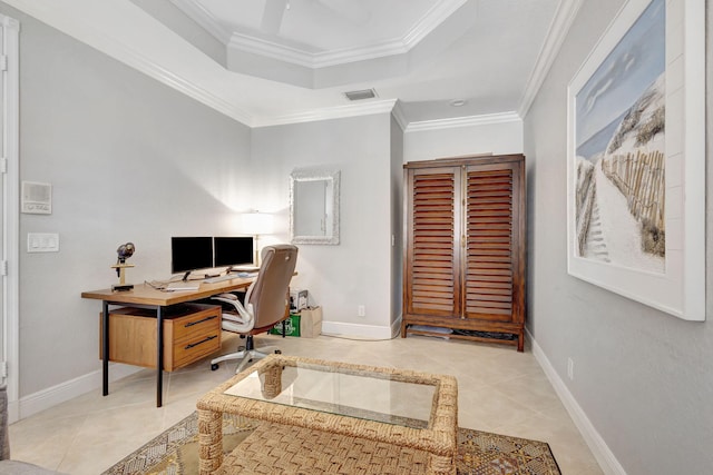 202 Isle Verde Way, Palm Beach Gardens, FL 33418 - tiled home office with a raised ceiling, ornamental molding, and baseboards