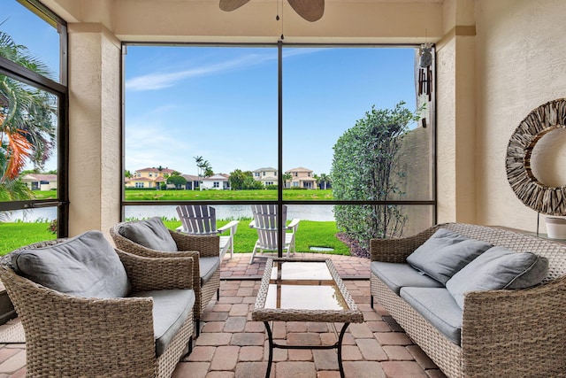 202 Isle Verde Way, Palm Beach Gardens, FL 33418 - sunroom / solarium with a water view, a ceiling fan, an outdoor hangout area, and a residential view
