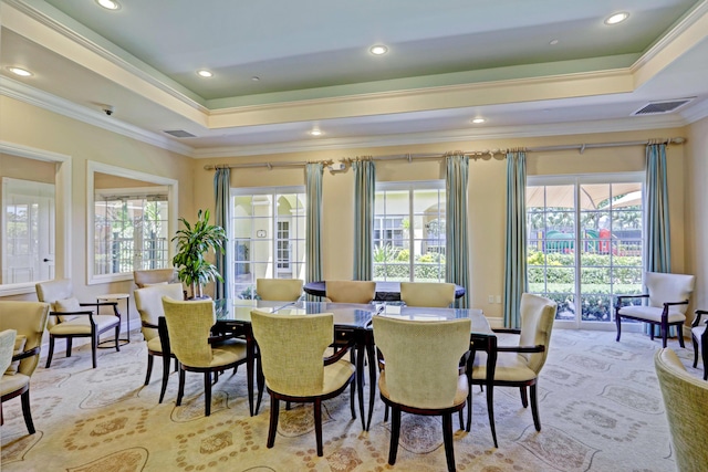 202 Isle Verde Way, Palm Beach Gardens, FL 33418 - dining room with a tray ceiling, ornamental molding, healthy amount of natural light, and recessed lighting