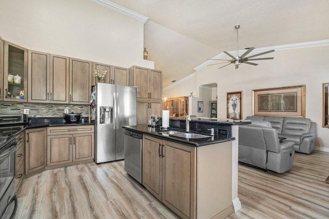 7465 Rockbridge Cir, Lake Worth, FL 33467 - kitchen with appliances with stainless steel finishes, a sink, ceiling fan, light wood finished floors, and open floor plan