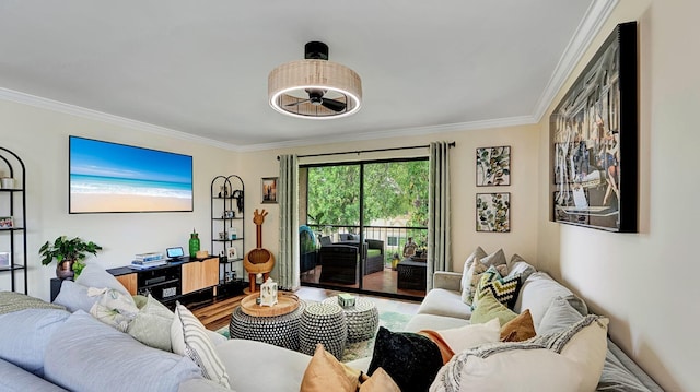 3001 W Linton Blvd Unit 204C, Delray Beach, FL 33445 - living area featuring ornamental molding, wood finished floors, and a ceiling fan