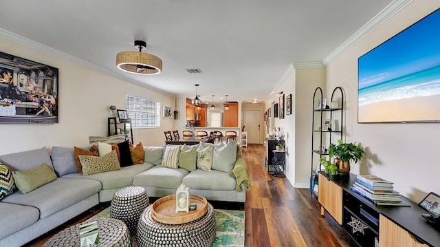 3001 W Linton Blvd Unit 204C, Delray Beach, FL 33445 - living room with ornamental molding, dark wood-style flooring, and baseboards