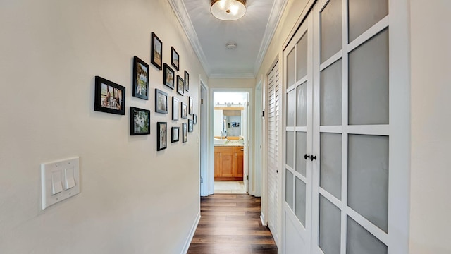 3001 W Linton Blvd Unit 204C, Delray Beach, FL 33445 - corridor with crown molding, dark wood finished floors, and baseboards