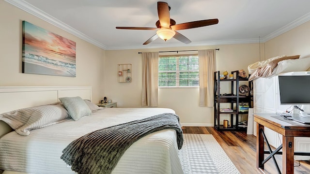 3001 W Linton Blvd Unit 204C, Delray Beach, FL 33445 - bedroom with wood finished floors, ornamental molding, baseboards, and a ceiling fan