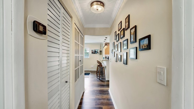 3001 W Linton Blvd Unit 204C, Delray Beach, FL 33445 - corridor with ornamental molding, dark wood-style flooring, and baseboards