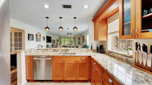 3001 W Linton Blvd Unit 204C, Delray Beach, FL 33445 - kitchen with stainless steel dishwasher, a sink, a peninsula, brown cabinets, and crown molding