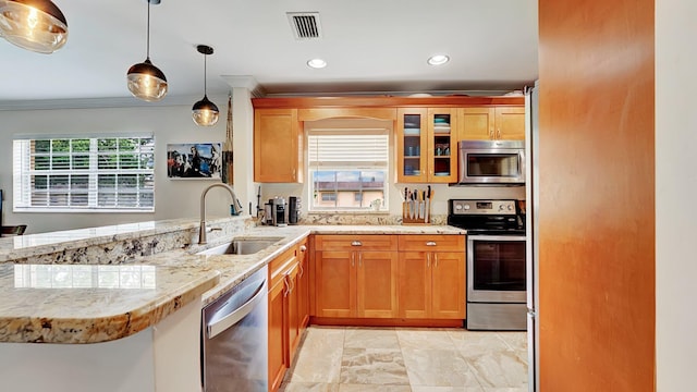3001 W Linton Blvd Unit 204C, Delray Beach, FL 33445 - kitchen featuring appliances with stainless steel finishes, a sink, ornamental molding, a peninsula, and decorative light fixtures