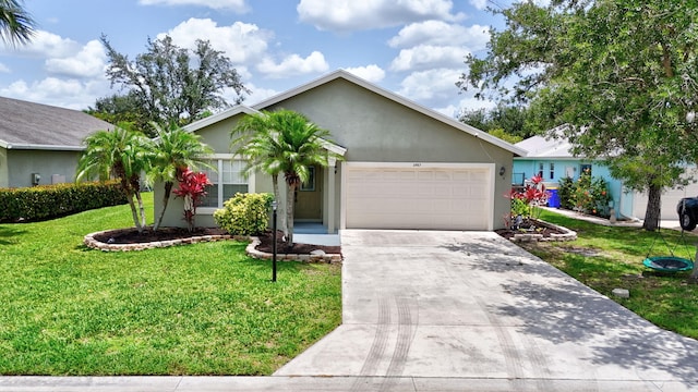 2867 SW Mustang Ter, Stuart, FL 34997 - ranch-style house featuring stucco siding, an attached garage, concrete driveway, and a front yard