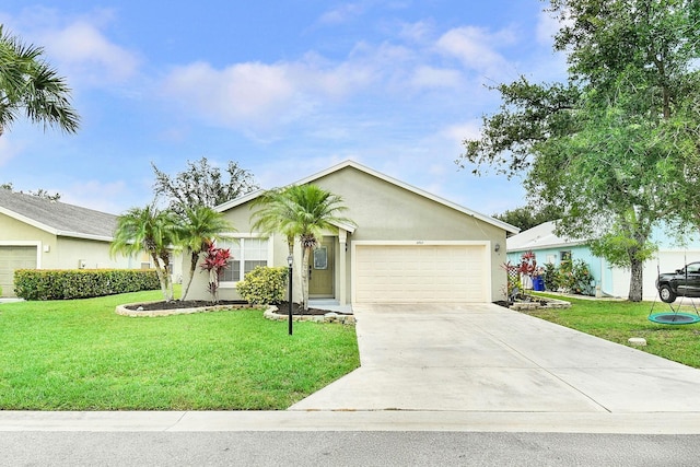 2867 SW Mustang Ter, Stuart, FL 34997 - ranch-style house featuring an attached garage, stucco siding, a front yard, and concrete driveway