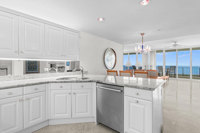 800 Ocean Dr Unit 204, Juno Beach, FL 33408 - kitchen with dishwasher, a sink, white cabinetry, a chandelier, and light stone countertops