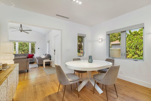 711 Ardmore Rd, West Palm Beach, FL 33401 - dining room featuring plenty of natural light, light wood finished floors, baseboards, lofted ceiling, and ceiling fan