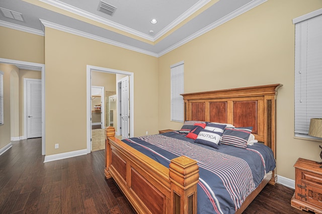 18006 SW Cosenza Way, Port Saint Lucie, FL 34987 - bedroom featuring dark wood finished floors, ornamental molding, baseboards, recessed lighting, and ensuite bath