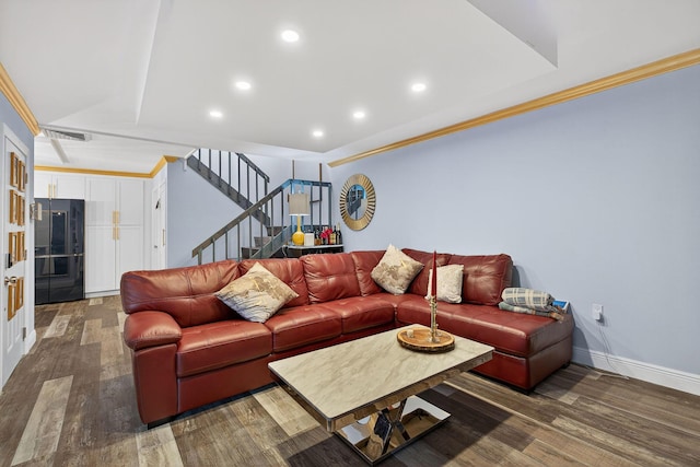 1508 15th Ter, Palm Beach Gardens, FL 33418 - living room featuring wood finished floors, stairs, recessed lighting, and crown molding