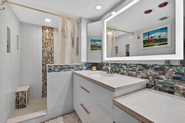 1508 15th Ter, Palm Beach Gardens, FL 33418 - full bath featuring a tile shower, vanity, tile walls, decorative backsplash, and recessed lighting
