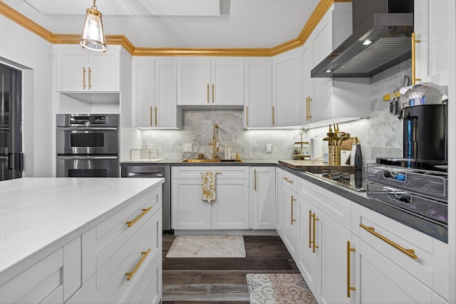 1508 15th Ter, Palm Beach Gardens, FL 33418 - kitchen featuring wall chimney range hood, stainless steel appliances, white cabinets, tasteful backsplash, and dark wood-style flooring