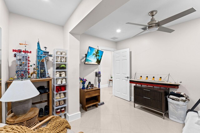 936 Upland Rd, West Palm Beach, FL 33401 - recreation room featuring a ceiling fan, recessed lighting, baseboards, and tile patterned flooring