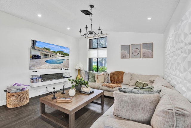 3985 NW 73rd Way, Coral Springs, FL 33065 - living room featuring a chandelier, vaulted ceiling, wood finished floors, recessed lighting, and baseboards