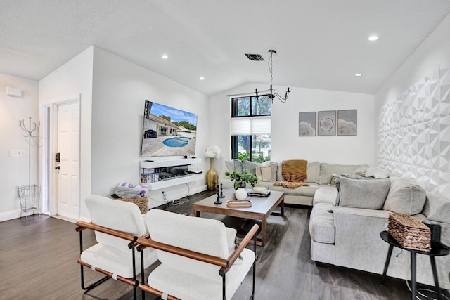 3985 NW 73rd Way, Coral Springs, FL 33065 - living area featuring dark wood finished floors, vaulted ceiling, a chandelier, baseboards, and recessed lighting