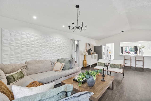 3985 NW 73rd Way, Coral Springs, FL 33065 - living area with vaulted ceiling, dark wood finished floors, a chandelier, baseboards, and recessed lighting