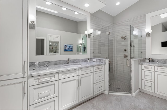 2373 NW 25th Way, Boca Raton, FL 33434 - bathroom with vanity, a shower stall, lofted ceiling, and recessed lighting