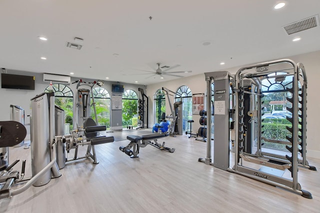 2373 NW 25th Way, Boca Raton, FL 33434 - gym featuring recessed lighting, wood finished floors, a ceiling fan, and a wall mounted air conditioner