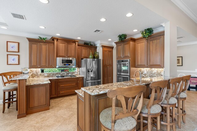 725 Edgebrook Ln, West Palm Beach, FL 33411 - living area with a chandelier, a raised ceiling, light tile patterned floors, ornamental molding, and recessed lighting