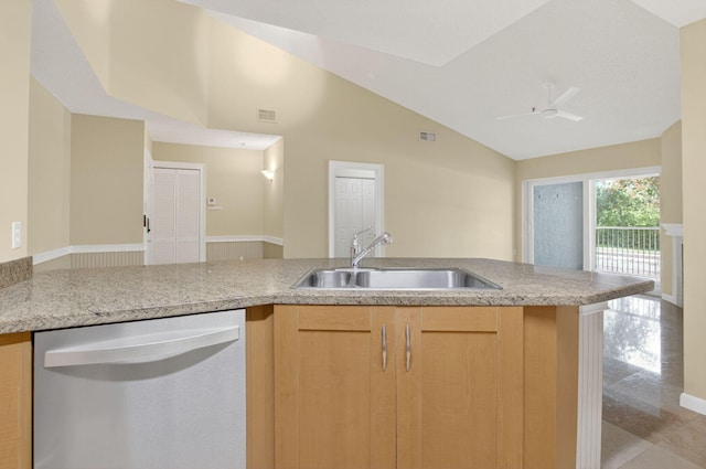 3131 Clint Moore Rd Unit 206, Boca Raton, FL 33496 - kitchen with stainless steel dishwasher, a sink, lofted ceiling, light brown cabinetry, and light stone counters