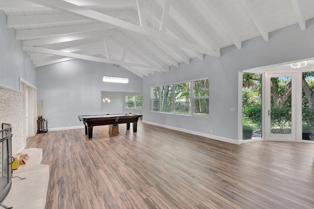 1220 N Swinton Ave, Delray Beach, FL 33444 - playroom featuring billiards, high vaulted ceiling, wood finished floors, beam ceiling, and baseboards