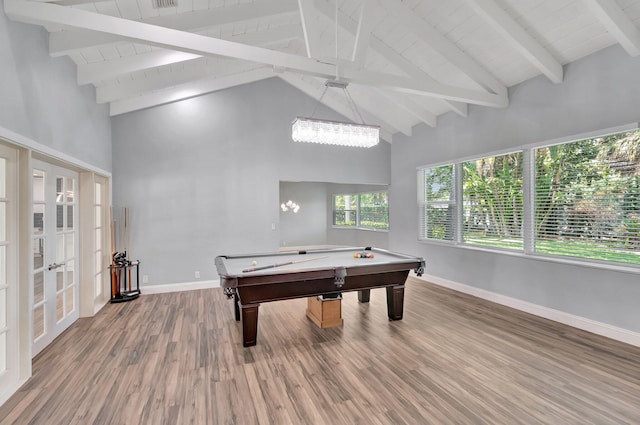 1220 N Swinton Ave, Delray Beach, FL 33444 - game room with billiards table, wood finished floors, high vaulted ceiling, baseboards, and wooden ceiling with exposed beams
