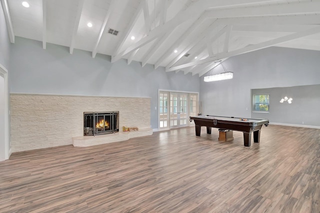 1220 N Swinton Ave, Delray Beach, FL 33444 - recreation room with high vaulted ceiling, beamed ceiling, billiards, a fireplace, and wood finished floors