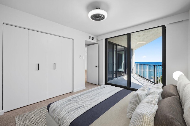 5420 N Ocean Dr Unit 604, Riviera Beach, FL 33404 - carpeted bedroom featuring access to exterior, a water view, expansive windows, and a closet