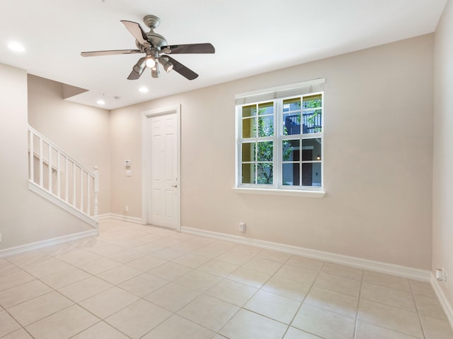 110 W Coda Cir Unit 110, Delray Beach, FL 33444 - spare room featuring stairs, ceiling fan, light tile patterned floors, baseboards, and recessed lighting