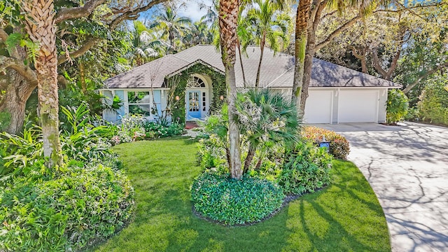 6000 Eagles Nest Dr, Jupiter, FL 33458 - view of front facade with an attached garage, driveway, a shingled roof, a front yard, and french doors