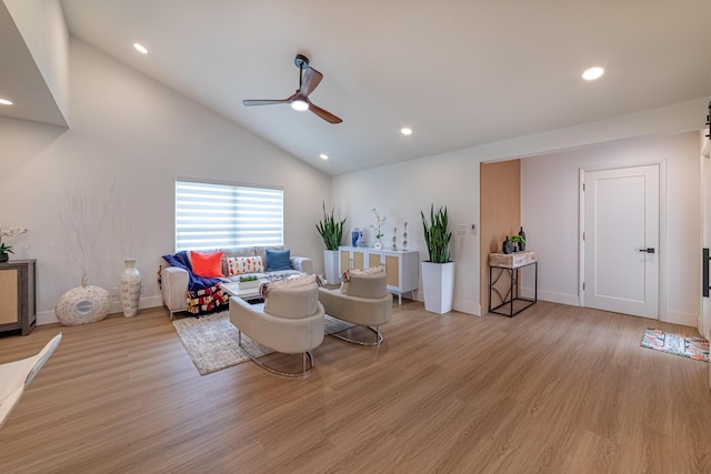 18085 102nd Way S, Boca Raton, FL 33498 - living area with a ceiling fan, light wood-type flooring, vaulted ceiling, and recessed lighting