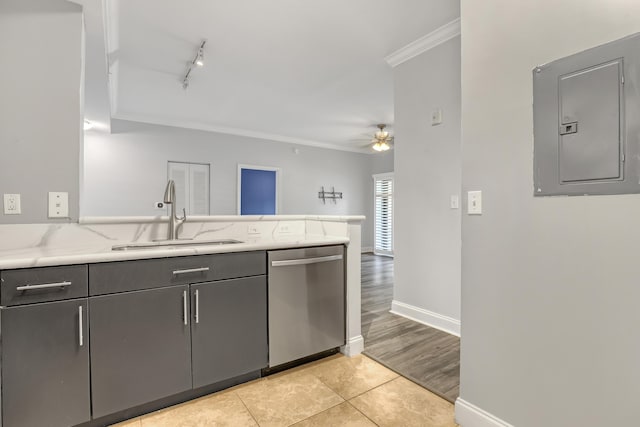 4903 Midtown Ln Unit 3114, Palm Beach Gardens, FL 33418 - kitchen featuring stainless steel dishwasher, electric panel, a ceiling fan, a peninsula, and light tile patterned floors