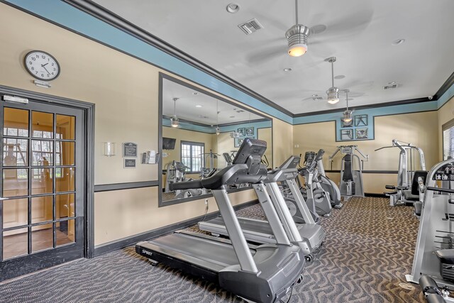 4903 Midtown Ln Unit 3114, Palm Beach Gardens, FL 33418 - exercise room with a ceiling fan, carpet, and crown molding