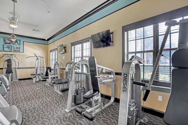 4903 Midtown Ln Unit 3114, Palm Beach Gardens, FL 33418 - gym featuring crown molding and carpet flooring