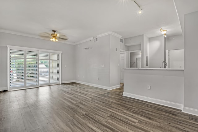 4903 Midtown Ln Unit 3114, Palm Beach Gardens, FL 33418 - unfurnished living room with a ceiling fan, track lighting, dark wood finished floors, and crown molding