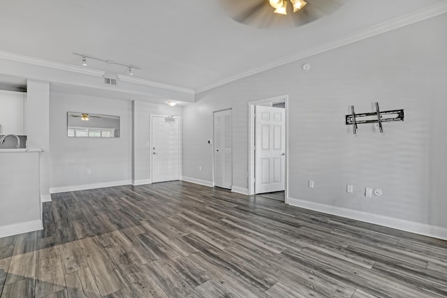 4903 Midtown Ln Unit 3114, Palm Beach Gardens, FL 33418 - unfurnished living room with ceiling fan, ornamental molding, track lighting, and wood finished floors