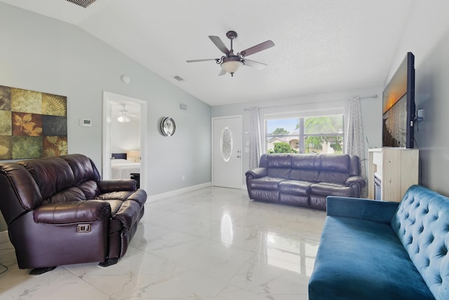 1913 SW Idaho Ln, Port Saint Lucie, FL 34953 - living room with lofted ceiling, ceiling fan, light marble finish floors, and baseboards
