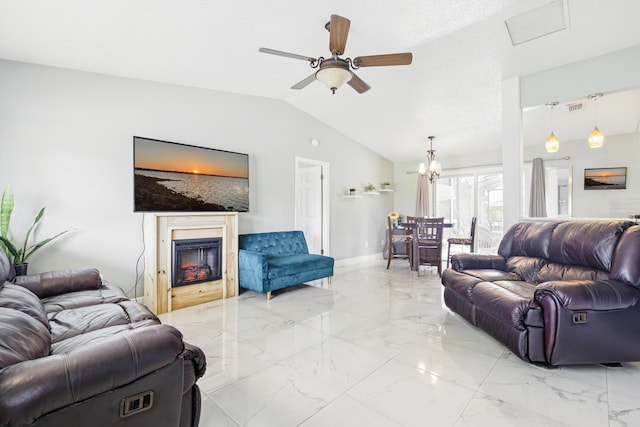 1913 SW Idaho Ln, Port Saint Lucie, FL 34953 - living area featuring light marble finish floors, vaulted ceiling, a ceiling fan, and a warm lit fireplace