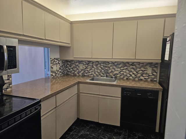 150 Lake Nancy Ln Unit 222, West Palm Beach, FL 33411 - kitchen with a sink, black appliances, dark marble finish flooring, and tasteful backsplash