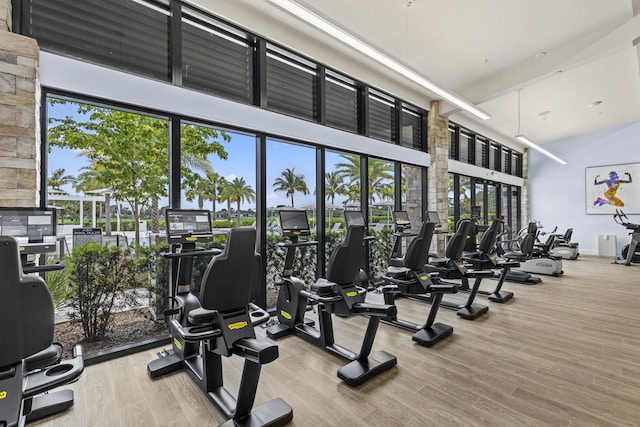 12829 Briarlake Dr Unit 102, Palm Beach Gardens, FL 33418 - exercise room with healthy amount of natural light, wood finished floors, and a high ceiling