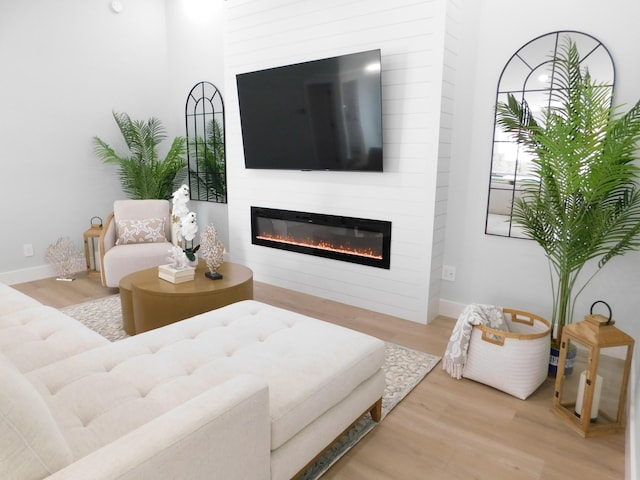 889 SW Balmoral Trce, Stuart, FL 34997 - living area featuring a glass covered fireplace, light wood-style floors, and baseboards
