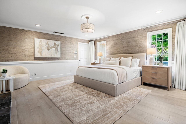 3356 NW 24th Way, Boca Raton, FL 33431 - bedroom featuring wallpapered walls, a wainscoted wall, light wood finished floors, crown molding, and recessed lighting