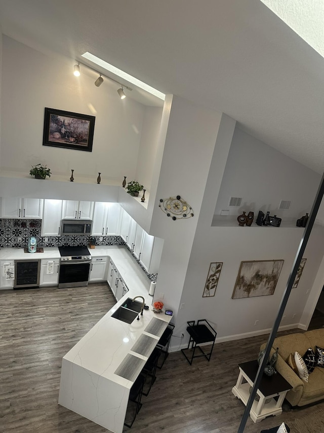 1583 SW Harbour Isles Cir Unit 57, Port Saint Lucie, FL 34986 - kitchen with stainless steel appliances, high vaulted ceiling, a sink, wood finished floors, and backsplash