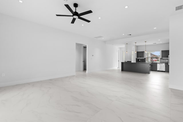 4037 SW Port St Lucie Blvd, Port Saint Lucie, FL 34953 - unfurnished living room with recessed lighting, a ceiling fan, light marble finish floors, and baseboards