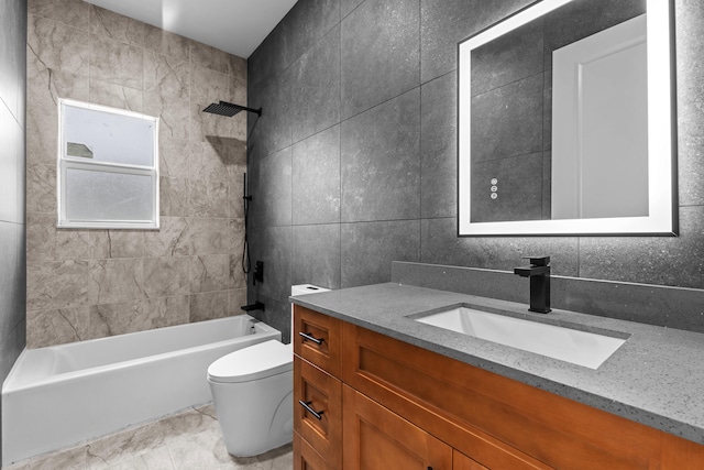 4037 SW Port St Lucie Blvd, Port Saint Lucie, FL 34953 - full bathroom with vanity, tile walls, toilet, and shower / bath combination
